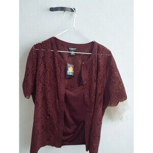 Liz Claiborne Plus Size XL Burgundy Lace Button-Front Blouse with Cami Top NWT